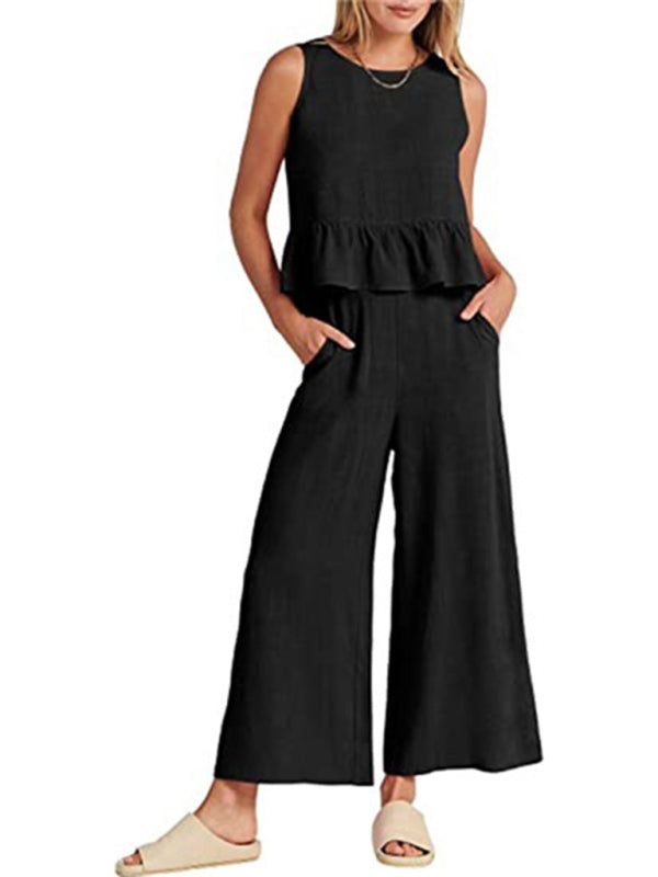 Sleeveless pleated vest wide-leg cropped pants casual suit