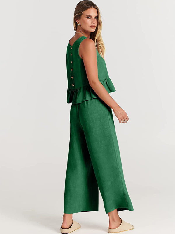 Sleeveless pleated vest wide-leg cropped pants casual suit