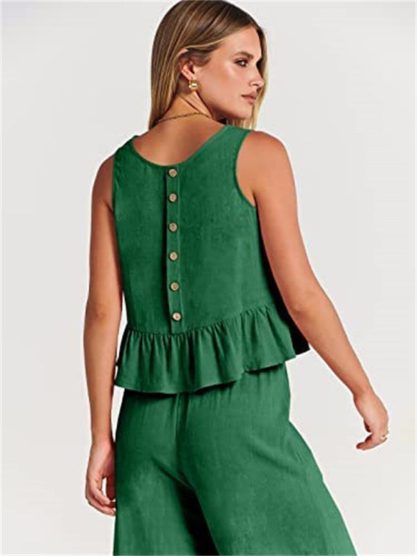 Sleeveless pleated vest wide-leg cropped pants casual suit