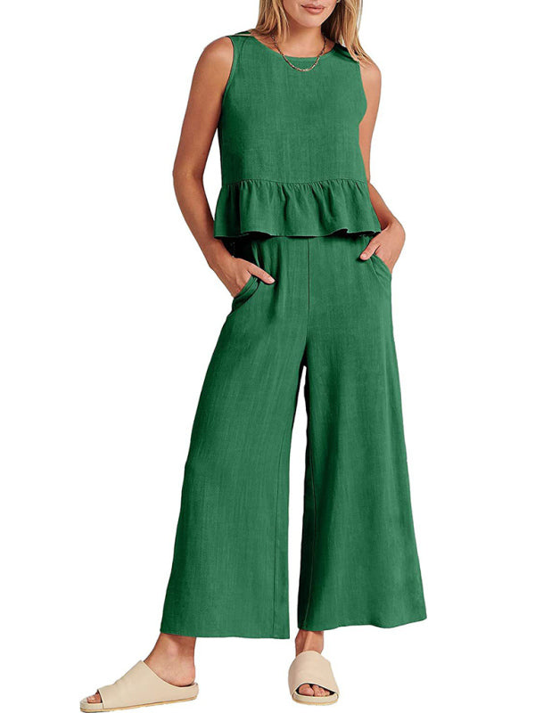 Sleeveless pleated vest wide-leg cropped pants casual suit