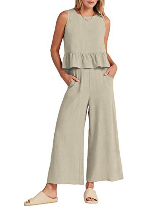 Sleeveless pleated vest wide-leg cropped pants casual suit