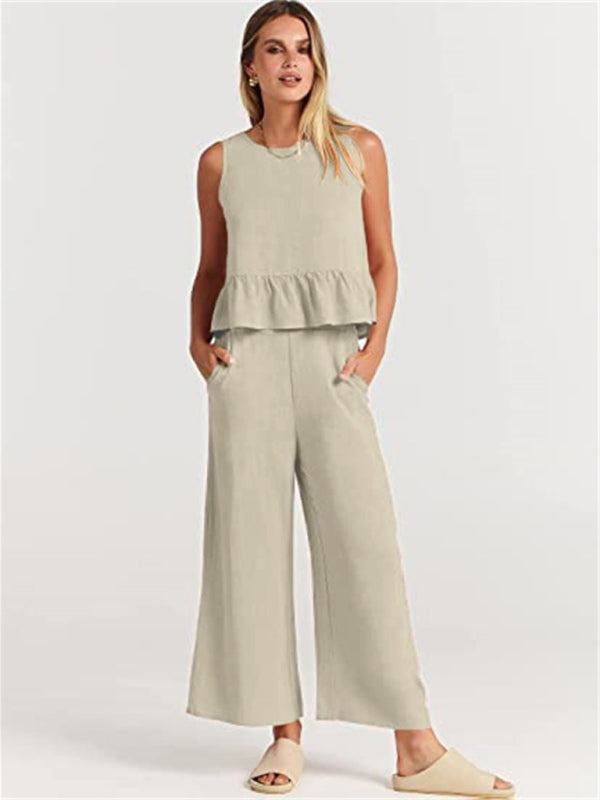 Sleeveless pleated vest wide-leg cropped pants casual suit