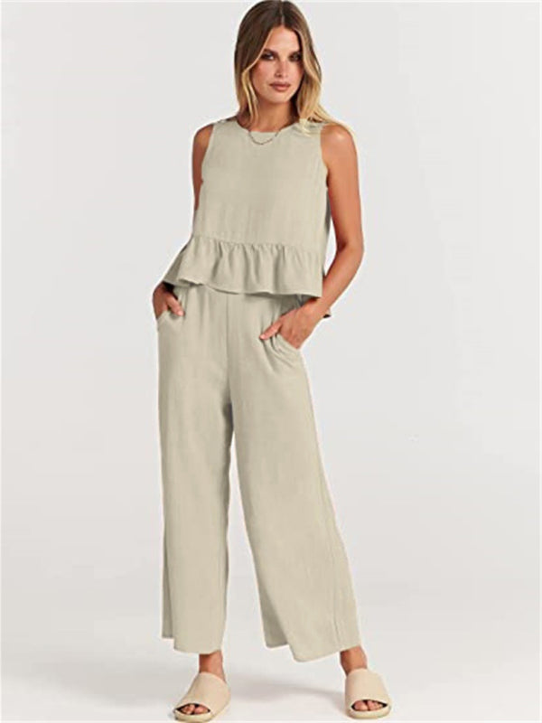 Sleeveless pleated vest wide-leg cropped pants casual suit