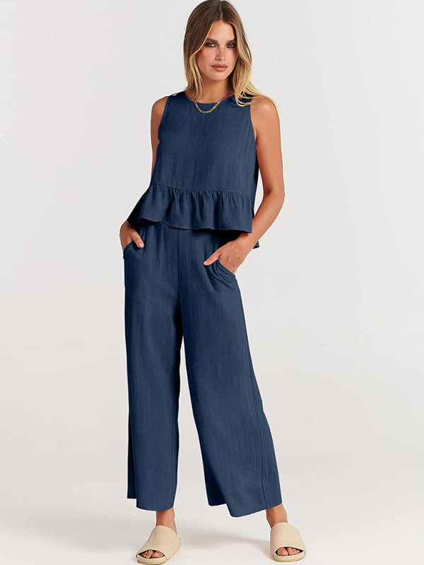 Sleeveless pleated vest wide-leg cropped pants casual suit