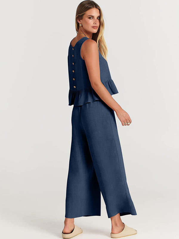 Sleeveless pleated vest wide-leg cropped pants casual suit