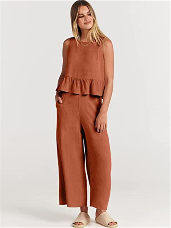 Sleeveless pleated vest wide-leg cropped pants casual suit