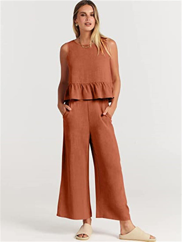 Sleeveless pleated vest wide-leg cropped pants casual suit