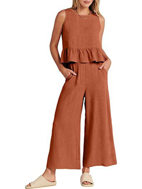 Sleeveless pleated vest wide-leg cropped pants casual suit