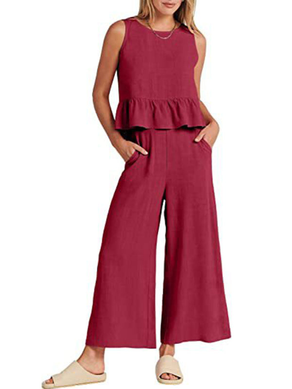 Sleeveless pleated vest wide-leg cropped pants casual suit