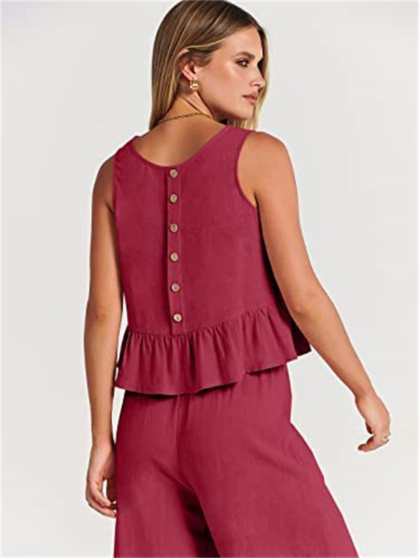 Sleeveless pleated vest wide-leg cropped pants casual suit