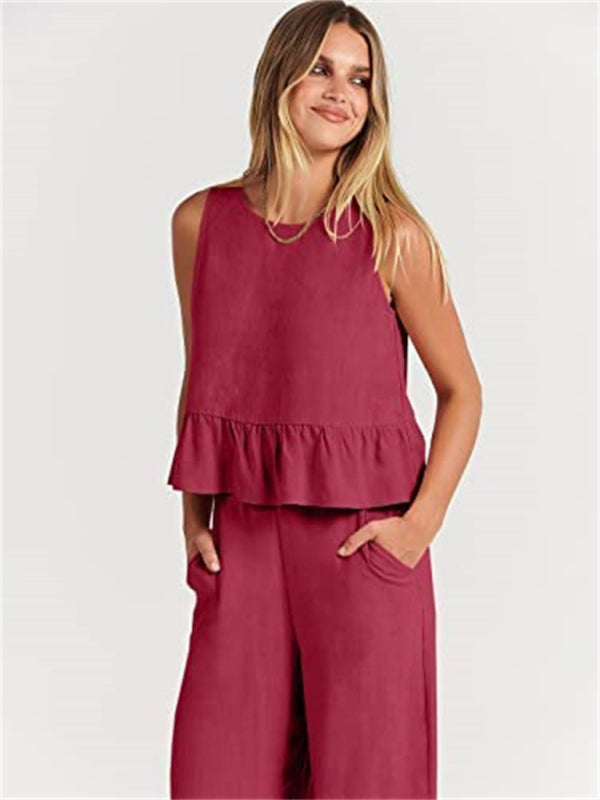 Sleeveless pleated vest wide-leg cropped pants casual suit