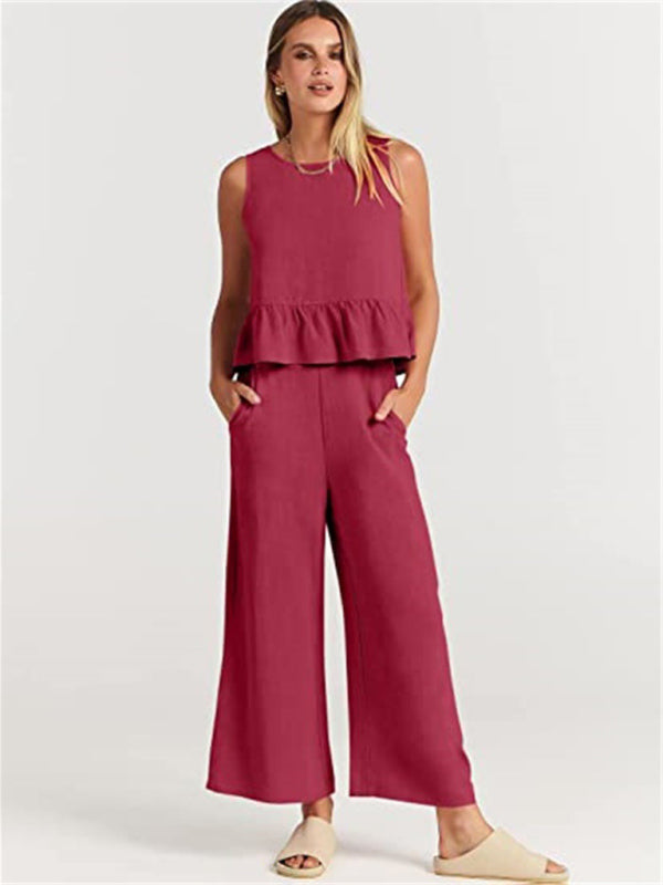 Sleeveless pleated vest wide-leg cropped pants casual suit