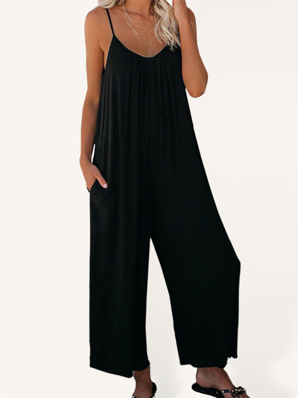 Trousers solid color side pocket loose casual suspender jumpsuit