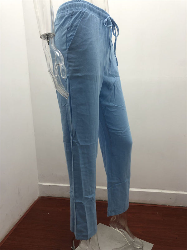 Women's Solid Color Cotton Linen Drawstring Loose Casual Wide Leg Trousers