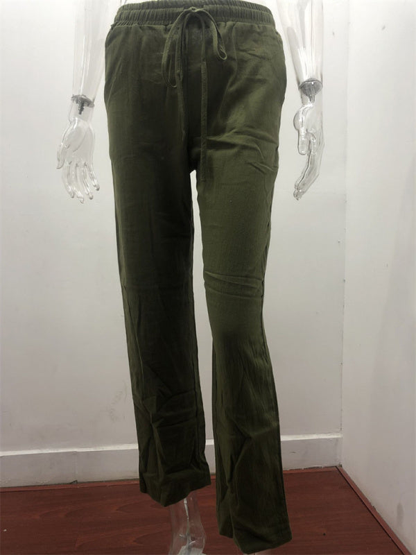 Women's Solid Color Cotton Linen Drawstring Loose Casual Wide Leg Trousers