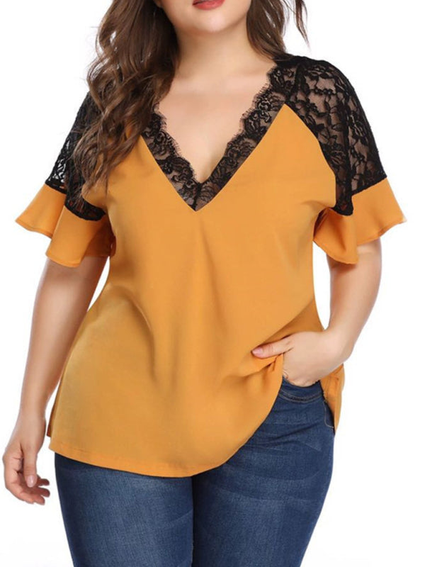 New large size V-neck short-sleeved women's stitching lace solid color top