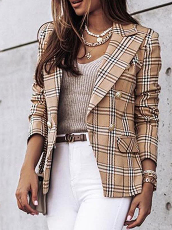 Long-sleeved double-breasted plaid-print blazer