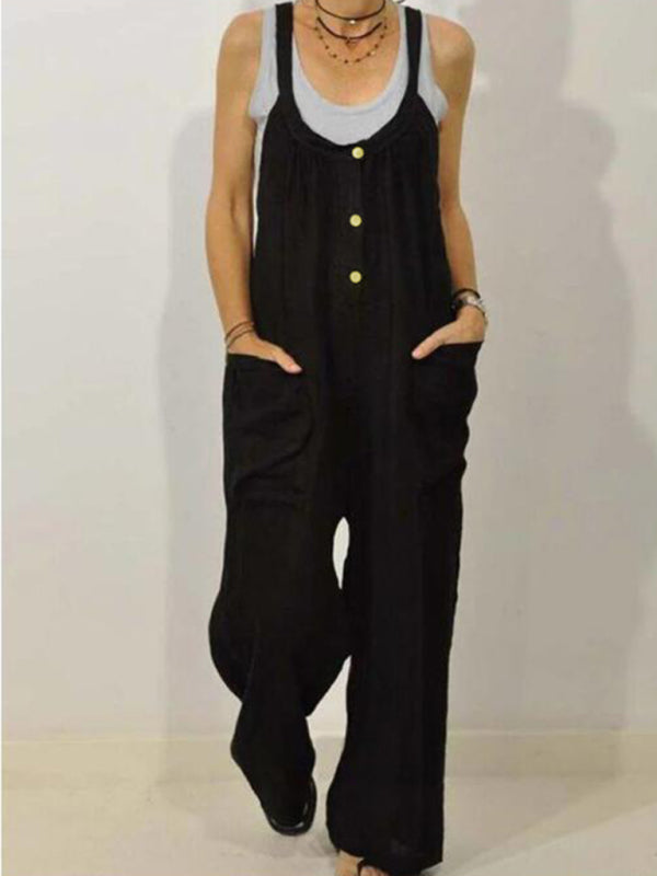 Cotton Linen Overalls Pocket Solid Elastic Band Button Jumpsuit