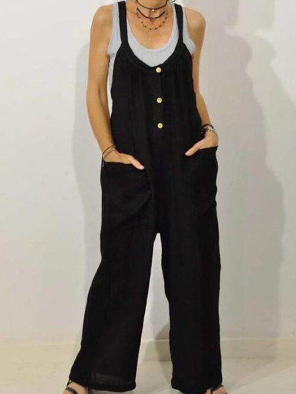 Cotton Linen Overalls Pocket Solid Elastic Band Button Jumpsuit