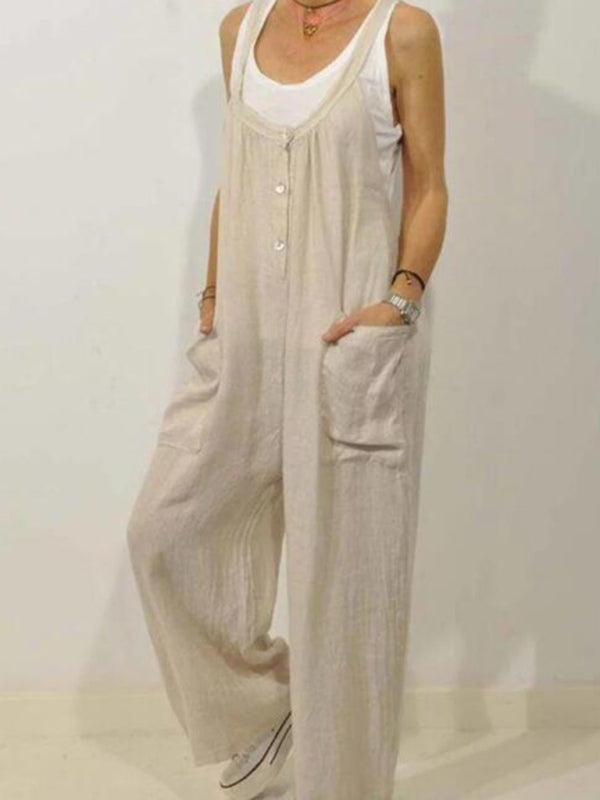 Cotton Linen Overalls Pocket Solid Elastic Band Button Jumpsuit