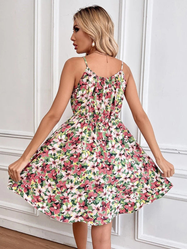 Summer New Elegant Sleeveless Dress Pullover Print Elastic Waist Suspender Skirt