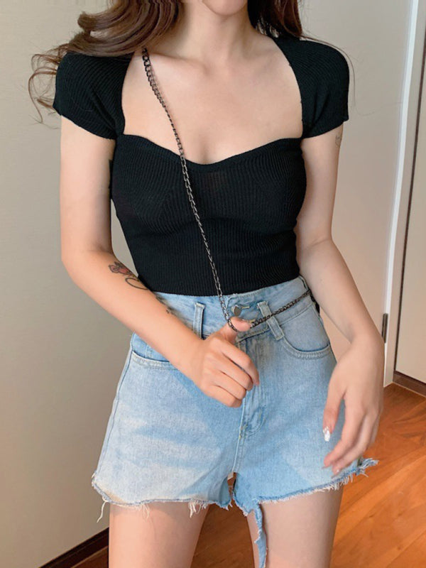 Women's generous square collar solid color short top slim fit thin short-sleeved sweater summer