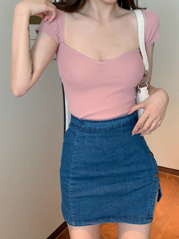 Women's generous square collar solid color short top slim fit thin short-sleeved sweater summer