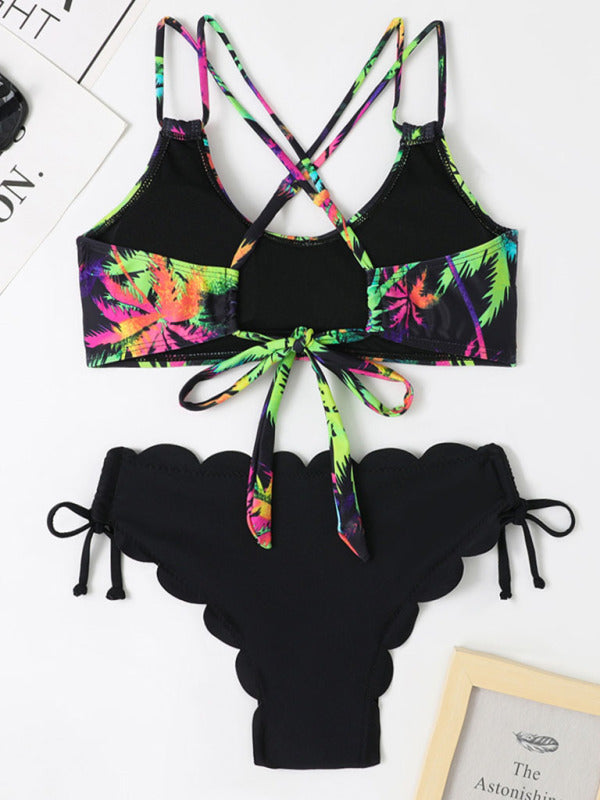 New Multicolor Coconut Tree Printing Laser Cut Flower Petals Bottoms Ladies Split Bikini Swimsuit