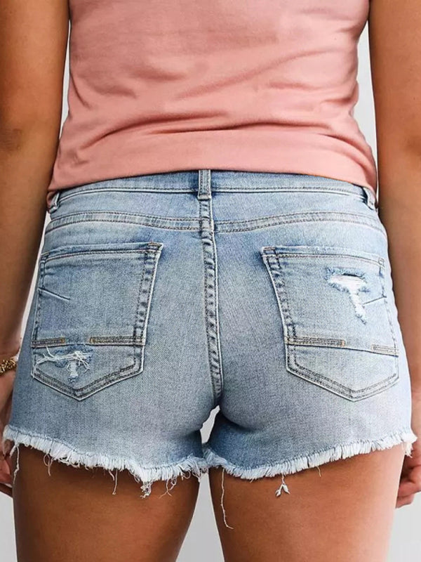 Women's High Waist Two Button Fashion Ripped Denim Shorts