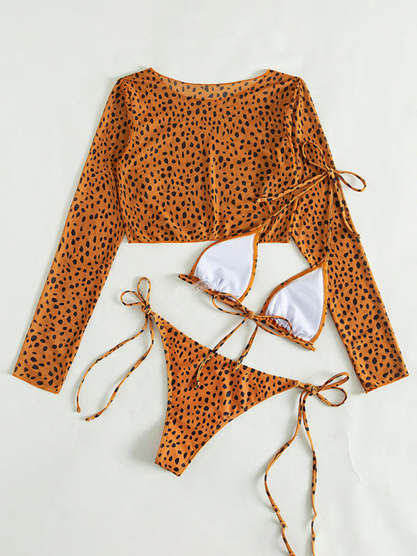 New swimwear long-sleeved mesh jacket ladies three-piece swimsuit leopard print sexy bikini