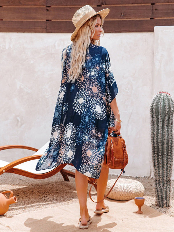 New mid-length slit chiffon printed beach sunscreen blouse holiday style