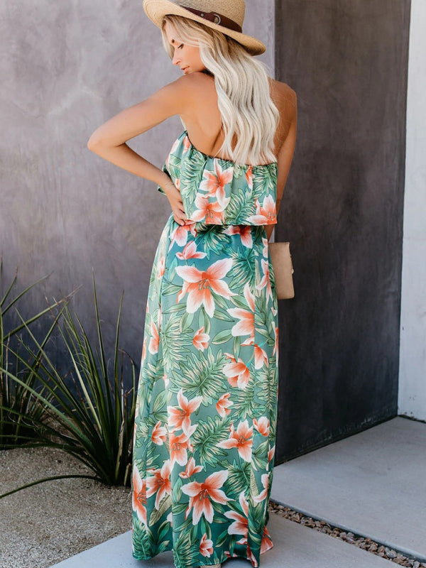 New tropical rainforest print one-shoulder ruffled slit dress