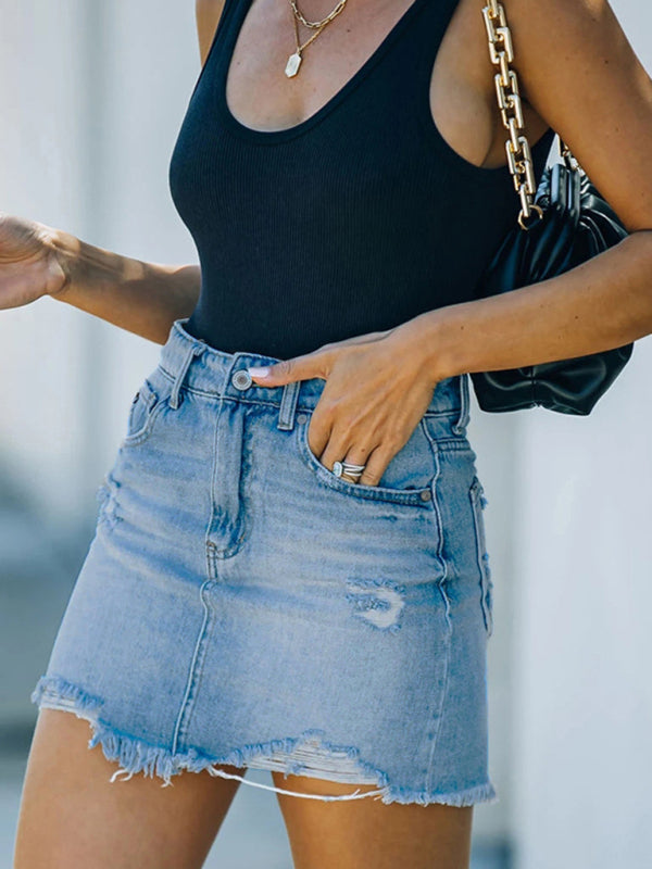 Women's New Casual Ripped Denim Skirt