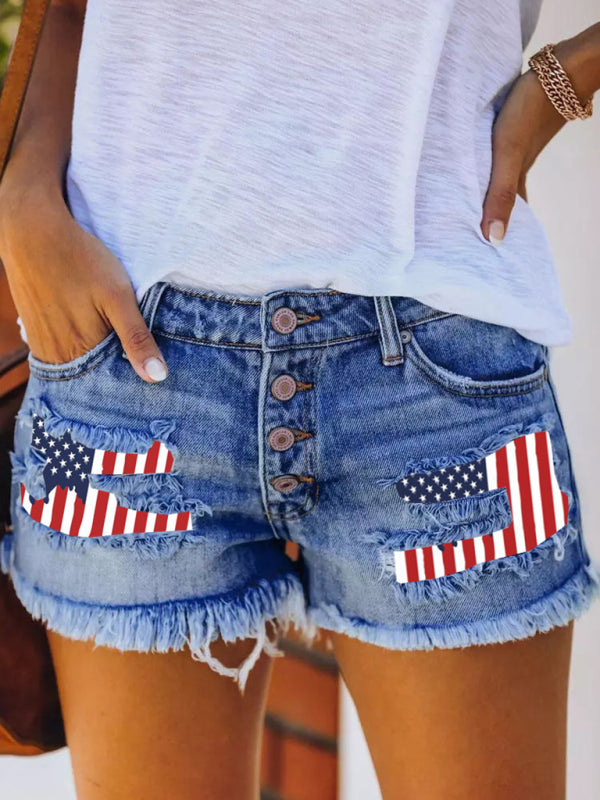 Button-breasted printed patch denim shorts with ripped fringed hot pants