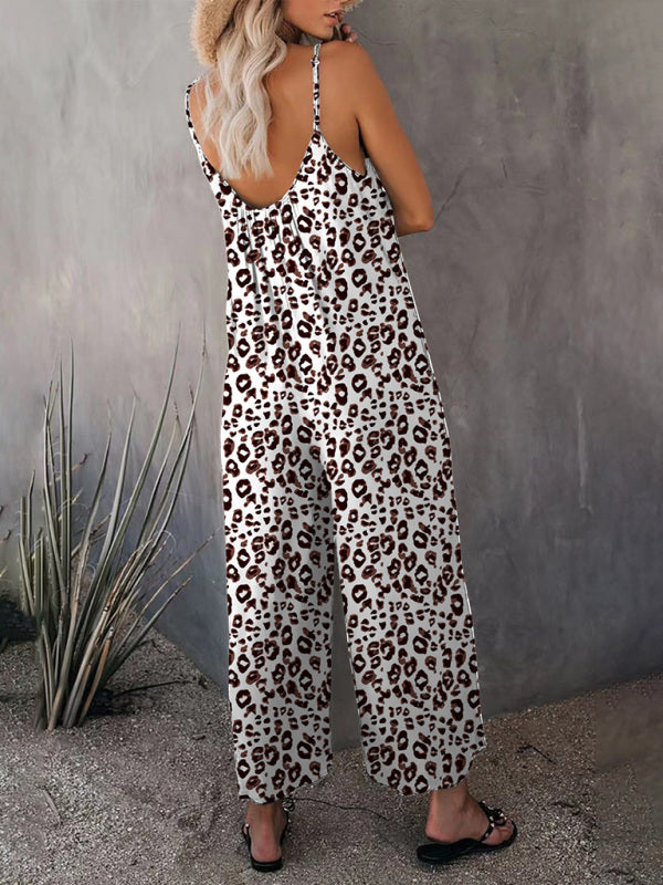 Women's Casual Sleeveless Leopard Print Pocket Loose Suspender Jumpsuit