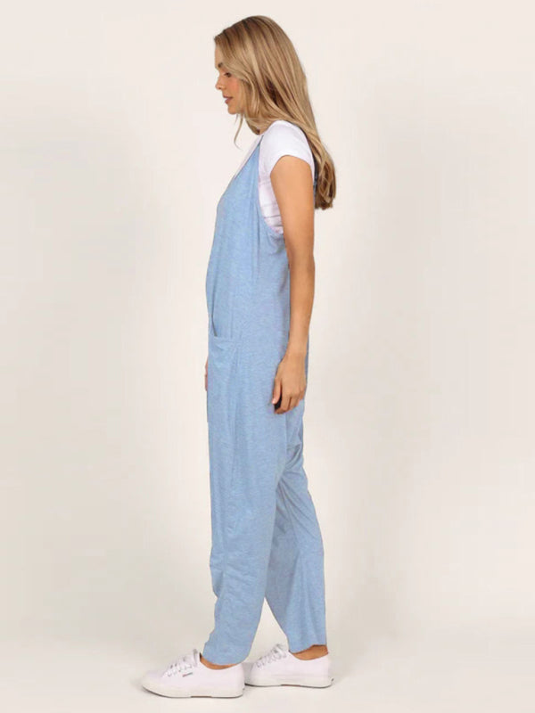 Oversized knit two-pocket fit oversized jumpsuit blue