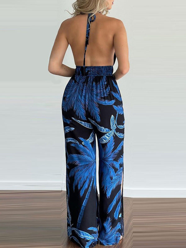 Women's Irregular Printed Halter Neck Jumpsuit