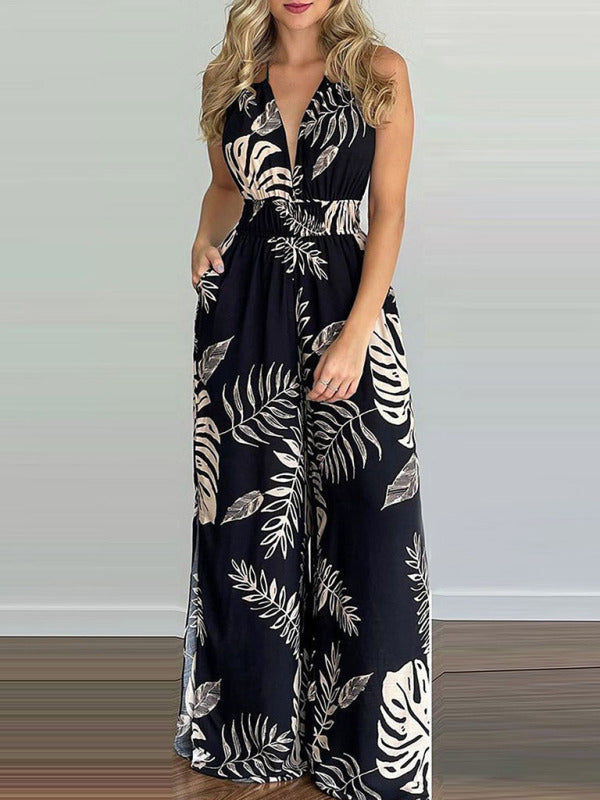 Women's Irregular Printed Halter Neck Jumpsuit