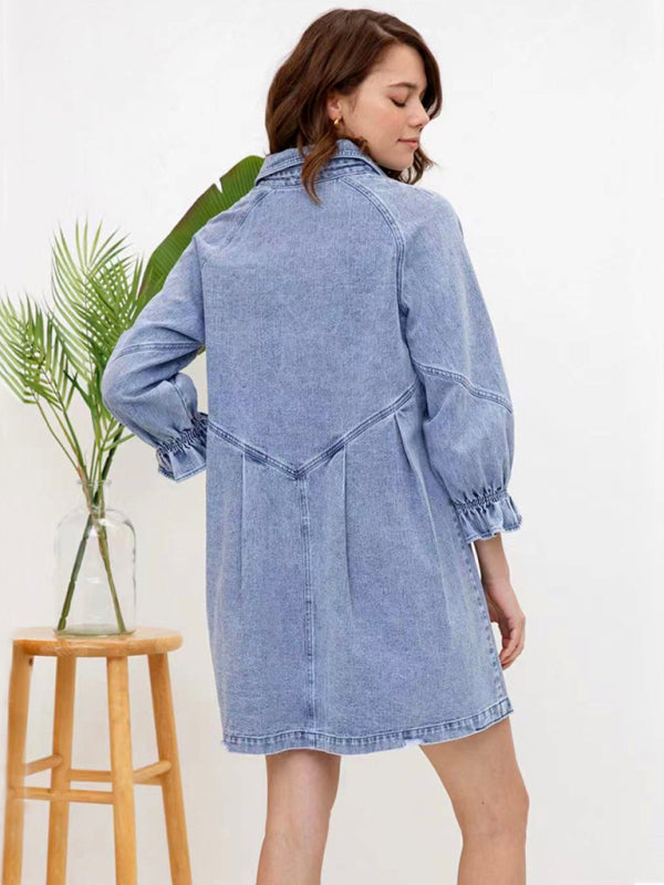 Women's Casual Loose Denim Balloon Sleeve Long Sleeve Dress