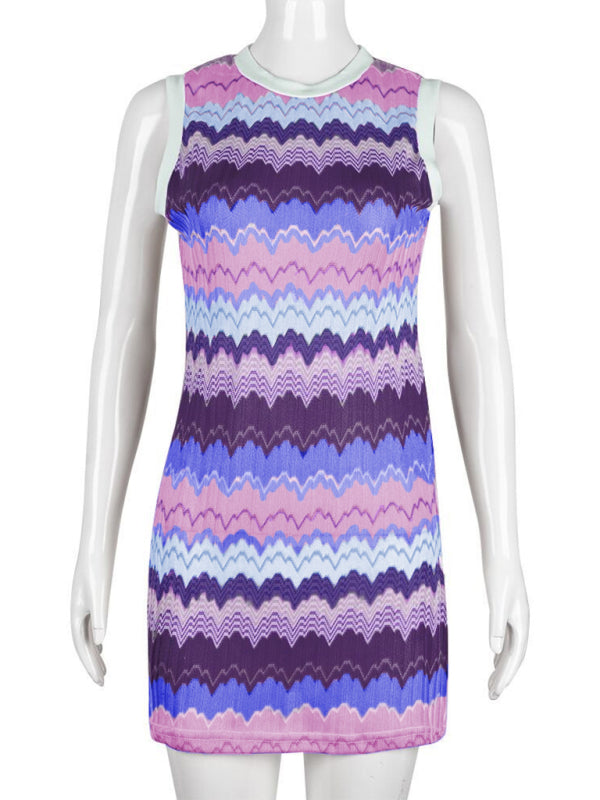 New geometric wave sexy slim sleeveless knitted sweater dress