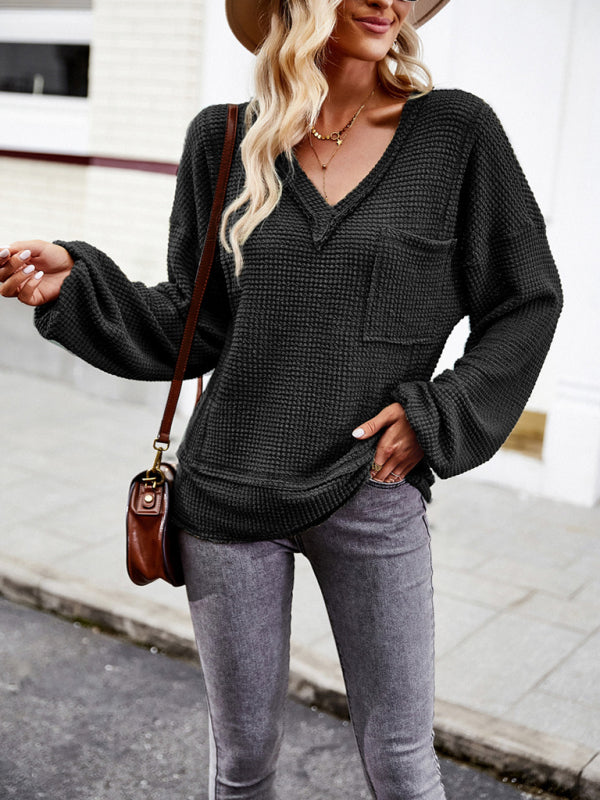 V Neck Patch Pocket Loose Waffle Long Sleeve Top