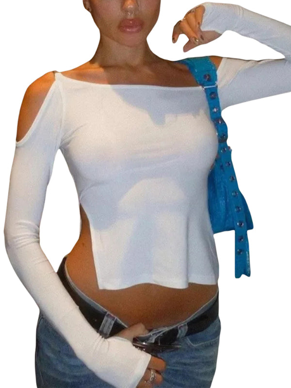 Long-sleeved round neck sexy strapless slit ladies T-shirt