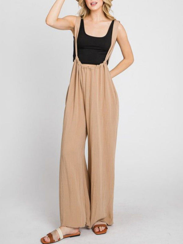 New jumpsuit solid color all-match lace-up loose double side pocket wide-leg trousers