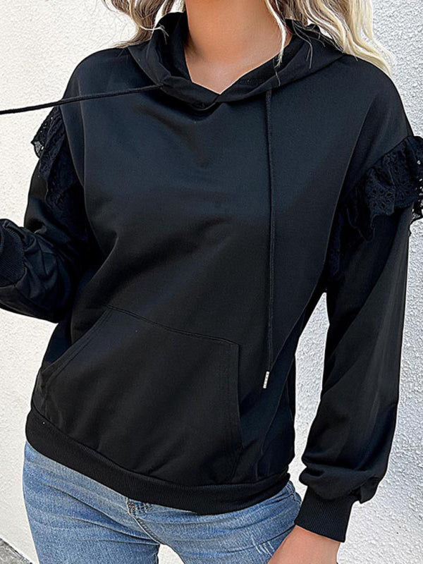 Casual Solid Polyester Lace Detail Hoodie