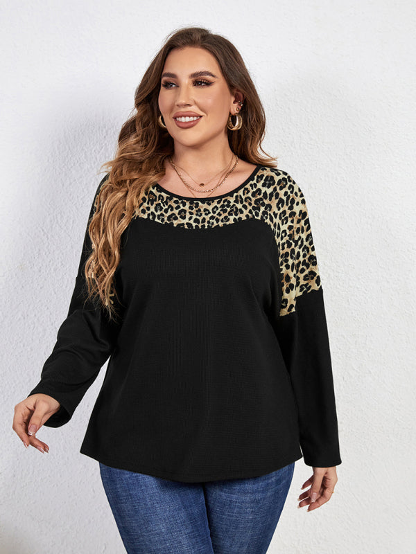 New Fashion Temperament Leopard Print Long Sleeve Round Neck Plus Size Top