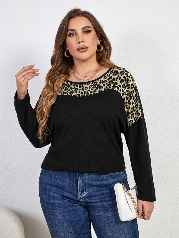 New Fashion Temperament Leopard Print Long Sleeve Round Neck Plus Size Top