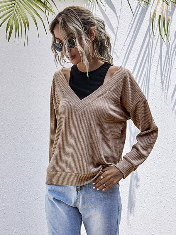 Women's Bottom Fake Two-Piece Oversized Stitching V-Neck Knitted Sweater