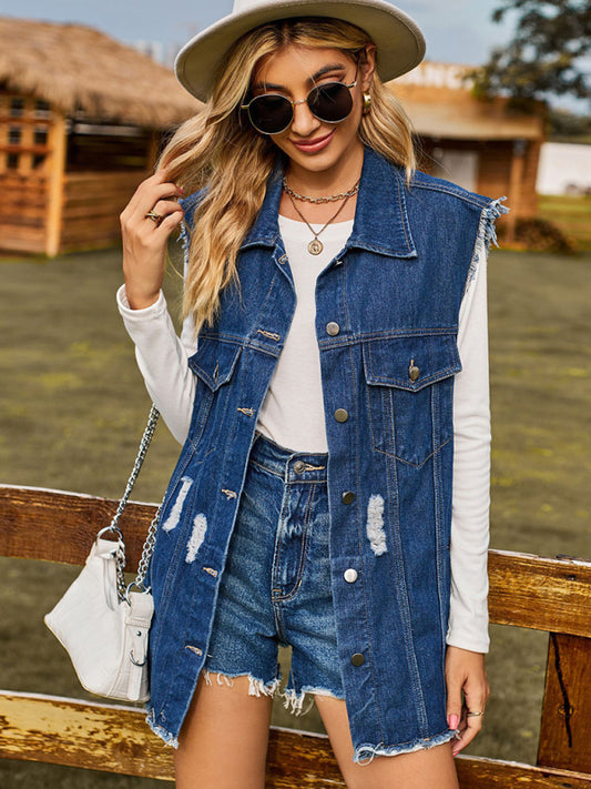 Women's Distressed Denim Sleeveless Jacket