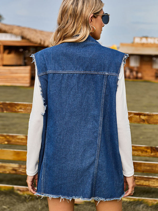 Women's Distressed Denim Sleeveless Jacket