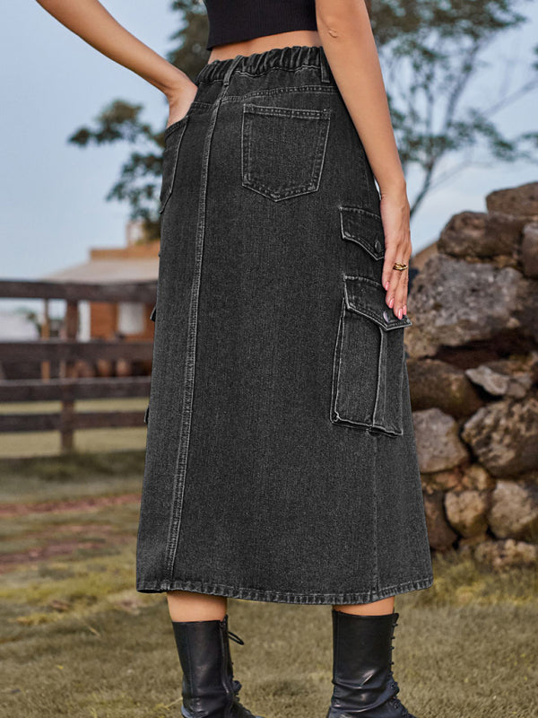 New American Spice Girl Elastic Waist Denim Workwear Casual Mid Length Skirt Skirt